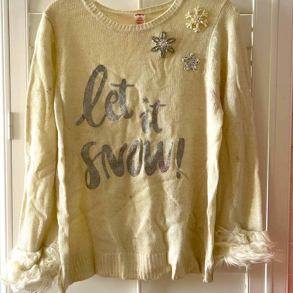 Holiday Time White & Silver Studded & Beadwork Fur Cuffed Pullover Sweater
